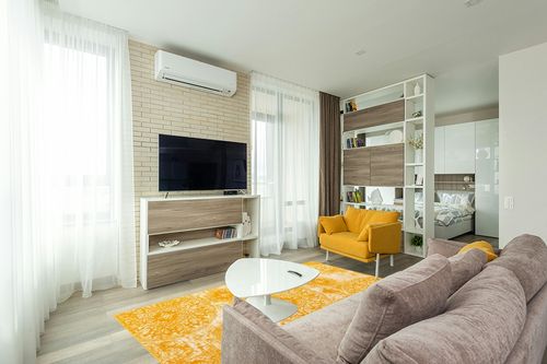 Unique Loom Sofia Collection Area Rug - Grand (5' 3" x 8' Rectangle, Yellow/ Ivory) in Light Modern Living Room with TV