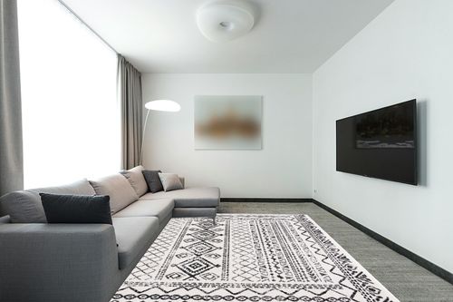 SAFAVIEH Tulum Collection Area Rug - 8' x 10', Ivory & Black, Moroccan Boho Distressed Design, Non-Shedding & Easy Care, Ideal for High Traffic Areas in Living Room, Bedroom (TUL268D) in Modern Living Room with Grey Couch