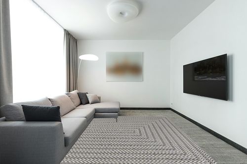 JONATHAN Y SMB206B-8 Chevron Modern Concentric Square Braided Indoor Outdoor Area Rug, Farmhouse Traditional Easy Clean,Bedroom,Kitchen,Backyard,Patio,Non Shedding 8 X 10, Black/Light Gray in Modern Living Room with Grey Couch