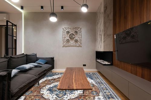 Washable Rug Living Room Rugs: 9x12 Area Rug Large Boho Medallion Distressed Carpets Indoor Soft Floor Anti Slip Carpet for Under Dining Table Bedroom Farmhouse Home Office - Blue/Orange Brown in Dark Wood Living Room with Black Couch