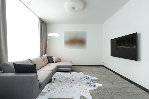 bonanza leathers Genuine Cowhide Rug Gray Black spckled Size Large/Extra Large (Extra Large) in Modern Living Room with Grey Couch