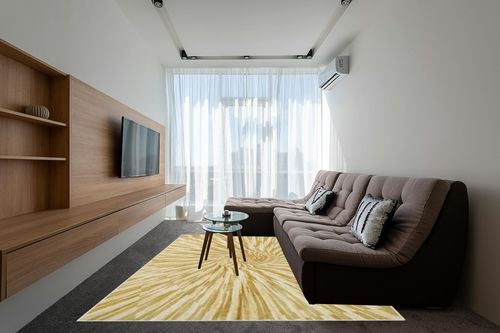 Wonnitar Abstract Firework 8x10 Rugs, Machine Washable Area Rugs Modern Ombre Bedroom Rug, Low Pile Kids Play Rug Swirl Print Carpet Rug for Living Room Classroom (Yellow/Gold, 8 x 10) in Grey Living Room with Brown Couch