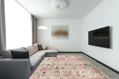 Unique Loom Monterey Collection Vintage Bohemian Inspired with Distressed Tribal Design Area Rug, 9 x 12 ft, Pink/Yellow in Modern Living Room with Grey Couch