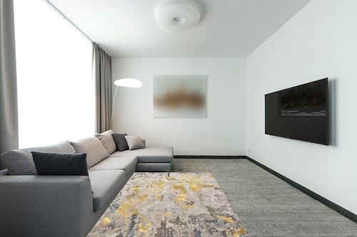 vivorug Washable Rug, Ultra Soft Area Rug 5x7, Non Slip Abstract Rug Foldable, Stain Resistant Rugs for Living Room Bedroom, Modern Fuzzy Rug (Grey/Gold/Navy, 5'x7') in Modern Living Room with Grey Couch