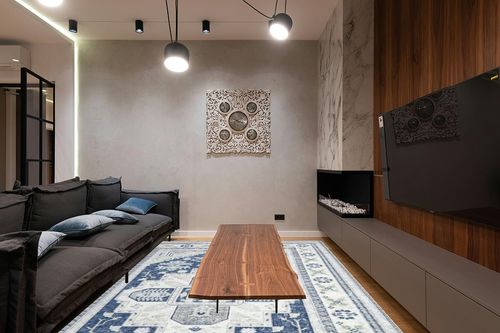 CAREMEE Area Rug 9x12 Large Area Rug Rug for Living Room Machine Washable Area Rug Non-Slip Non-Shedding Chenille Mat Foldable Accent Rug for Bedroom Dining Room, Blue, 9’x12’ in Dark Wood Living Room with Black Couch