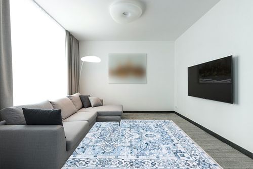 Bloom Rugs Caria Washable Non-Slip 8x10 Rug - Blue Traditional Area Rug for Living Room, Bedroom, Dining Room, and Kitchen - Exact Size: 7'8" x 10' in Modern Living Room with Grey Couch