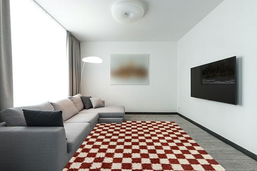 Balta Rugs Oslo Checkered Shag Rug, Red, 8' x 10' in Modern Living Room with Grey Couch