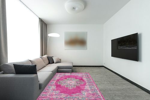 Nourison Passion Fuchsia 5'3" x 7'3" Area -Rug, Boho, Traditional, Easy -Cleaning, Non Shedding, Bed Room, Living Room, Hallway, (5' x 7') in Modern Living Room with Grey Couch