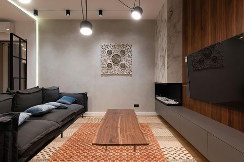 CASAVANI Collection Rectangular - 8x10 Area Rug Orange Cotton Dhurrie Bordered Kilim Rug Indoor Outdoor Use Flatweave Rugs for Bedroom Dining Room Living Room in Dark Wood Living Room with Black Couch