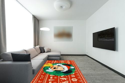 Gertmenian Kids Playroom & Game Room Carpet Disney Mickey Mouse Childrens Rug Kids Home Decor, Area Carpet for Boys & Girls Playroom, Bedroom 54x78 Large, Red & Green M&M Holiday Wreath, 46689 in Modern Living Room with Grey Couch