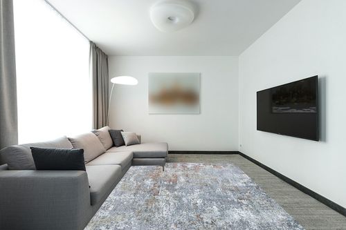 8x10 Area Rugs for Living Room：Large Machine Washable Area Rug with Non Slip Backing Non Shedding Abstract Stain Resistant Carpet for Bedroom Dining Room Nursery Home Office - Gray in Modern Living Room with Grey Couch
