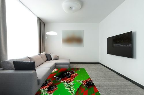 Christmas Area Rug 5 x 8, Washable Bedroom Rug Non-Slip Kitchen Rugs Non Shedding Floor Cover Mat Runner Rug for Living Room Dining Room Outdoor Carpet Truck Xmas Tree Santa Claus 3D Space in Modern Living Room with Grey Couch