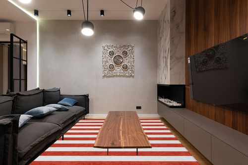 Addison Rugs Chantille ACN528 Red 8' x 10 Indoor Outdoor Area Rug, Stain Resistant, Machine Washable, Non Shedding, Bedroom, Living Room, Dining Room, Kitchen Rug in Dark Wood Living Room with Black Couch