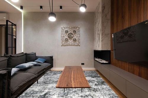 Area Rug Living Room Rugs - 8x10 Large Soft Indoor Neutral Modern Abstract Low Pile Washable Rug Carpet for Bedroom Dining Room Farmhouse Home Office - Grey in Dark Wood Living Room with Black Couch