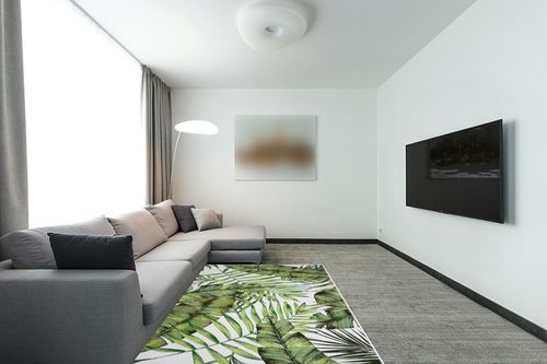 Zacoo Washable Rug 5x7 Area Rugs for Bedroom Green Rug Leaf Rug Stain Resistant Tropical Palm Tree Emerald Natural Rug Botanical Cute Rugs for Living Room Dining Room Nursery, 5'x7' in Modern Living Room with Grey Couch