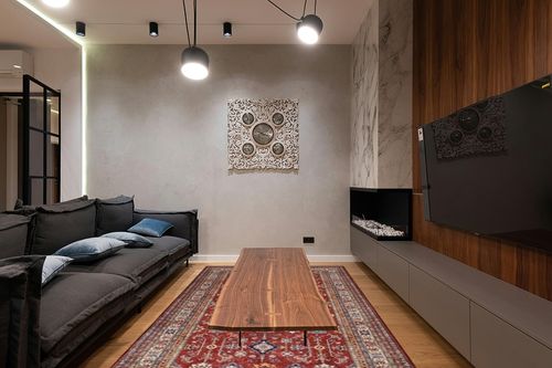Rugland 6x9 Rug - Stain Resistant Washable Rug, Anti Slip Backing Rugs for Living Room, Vintage Tribal Area Rugs (TPR10-Burgundy, 6'x9') in Dark Wood Living Room with Black Couch