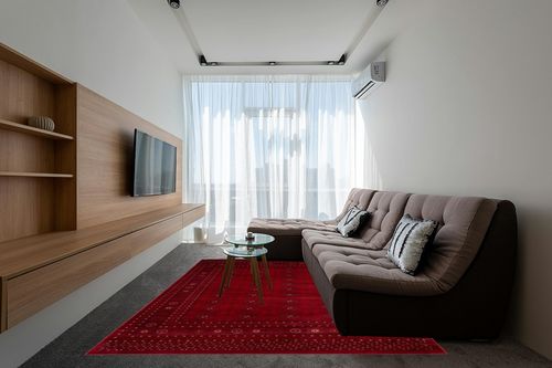eCarpet Gallery Oriental Area Rug, Turkish Bokhara Red Carpet 8x10, 303870 in Grey Living Room with Brown Couch