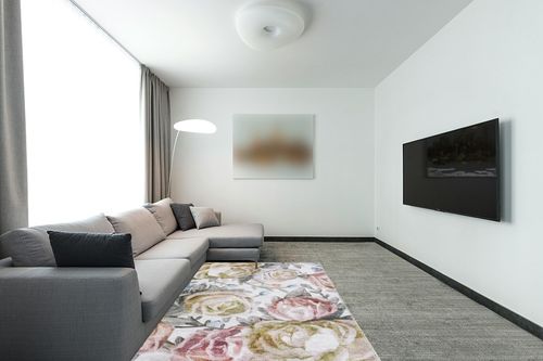 DECOMALL Jasmine Washable Area Rugs 5x7, Colorful Modern Flower Rug with Rubber Backing, Foldable Non Slip Carpet for Living Room Bedroom Dinning Room, 5x7ft, Pink/Multi in Modern Living Room with Grey Couch