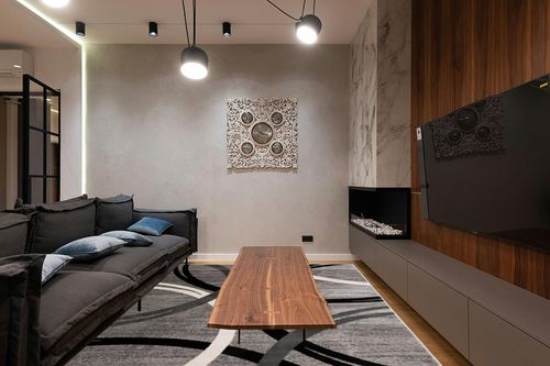 Rugshop Modern Wavy Circles Design Area Rug 7' 10" x 10'2" Gray in Dark Wood Living Room with Black Couch