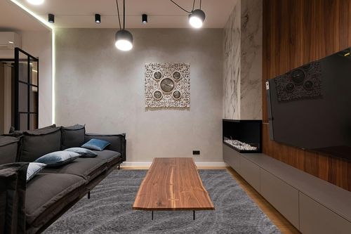 SAFAVIEH Florida Shag Collection Area Rug - 8'6" x 12', Grey & Grey, Non-Shedding & Easy Care, 1.2-inch Thick Ideal for High Traffic Areas in Living Room, Bedroom (SG471-8080) in Dark Wood Living Room with Black Couch