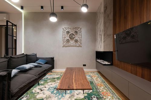 SAFAVIEH Monaco Collection Area Rug - 9' x 12', Forest Green & Light Blue, Boho Medallion Distressed Design, Non-Shedding & Easy Care, Ideal for High Traffic Areas in Living Room, Bedroom (MNC243F) in Dark Wood Living Room with Black Couch