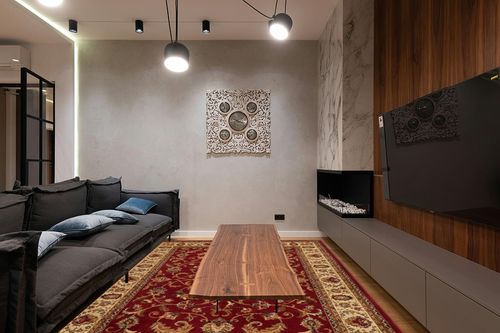 Home Dynamix Royalty Elati Traditional Area Rug 7'8"x10'4", Oriental Red/Ivory in Dark Wood Living Room with Black Couch