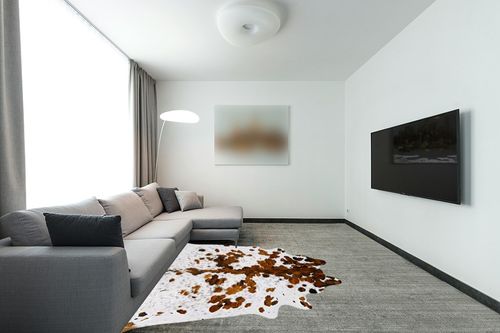 pergamino Ecowhides 100% Genuine Brazilian Cowhide Rug - Tricolor White - Luxury Cowskin Cow Hide Leather Area Rug Home Decor (X-Large) 7 x 6 ft in Modern Living Room with Grey Couch
