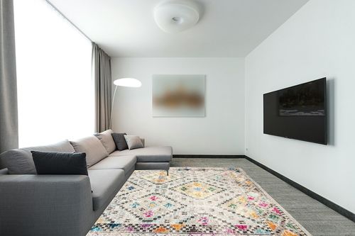 SAFAVIEH Madison Collection Area Rug - 8' x 10', Grey & Yellow, Boho Diamond Distressed Design, Non-Shedding & Easy Care, Ideal for High Traffic Areas in Living Room, Bedroom (MAD418F) in Modern Living Room with Grey Couch
