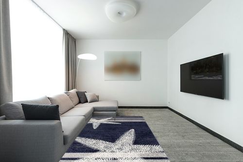 nuLOOM Thomas Paul Starfish and Striped Area Rug, 5' x 8', Blue in Modern Living Room with Grey Couch