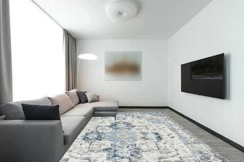 jinchan Area Rug 9x12 Washable Rug Indoor Vintage Rug Floor Cover Print Distressed Carpet Multi Thin Rug Chenille Blue Accent Rug Lightweight Non Slip Kitchen Living Room Bedroom Dining Room in Modern Living Room with Grey Couch