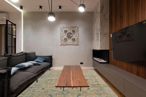 EORC Buy Hand Knotted Wool Brown Classic Oriental Oushak Rug Online in Dark Wood Living Room with Black Couch