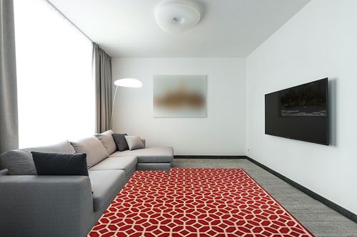SAFAVIEH Linden Collection 8' x 10' Red/Cream LND127Q Geometric Indoor/ Outdoor Non-Shedding Easy scrubbing Patio Backyard Porch Deck Mudroom Area-Rug in Modern Living Room with Grey Couch