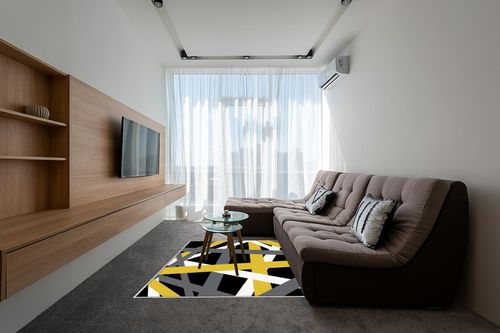 Large Area Rug, Yellow Black Grey Geometric Non-Slip Indoor Accent Area Carpet, Modern White Abstract Art Striped Fluffy Shaggy Runner Rug for Living Room, Bedroom, Kids Room, 5'x 7' in Grey Living Room with Brown Couch