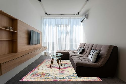 Antep Rugs Elite 8x10 Vintage Bohemian Distressed Oriental Medallion Indoor Area Rug (Pink, 7'10" x 10') in Grey Living Room with Brown Couch