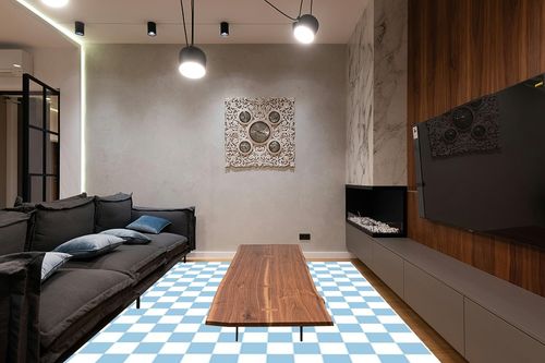 Retro Checkered Blue White Area Rug for Living Room Dining Room Bedroom Home Office Washable Fluffy Soft Carpet Playroom Nursery Room Large Faux Wool 8x10 Rug in Dark Wood Living Room with Black Couch