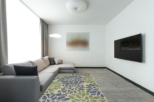 JONATHAN Y SMB110B-5 Zinnia Modern Floral Textured Weave Indoor Outdoor Area-Rug Bohemian Coastal Easy-Cleaning Bedroom Kitchen Backyard Patio Non Shedding, 5 X 8, Navy/Green in Modern Living Room with Grey Couch