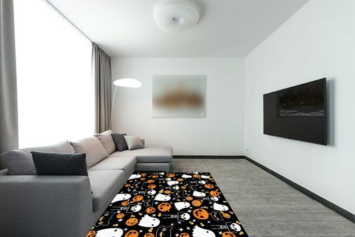Large Area Rug, Halloween Non-Slip Indoor Accent Area Carpet, Orange Pumpkin White Ghost Skeleton Black Fluffy Shaggy Runner Rug for Living Room, Bedroom, Kids Room, 5'x 7' in Modern Living Room with Grey Couch