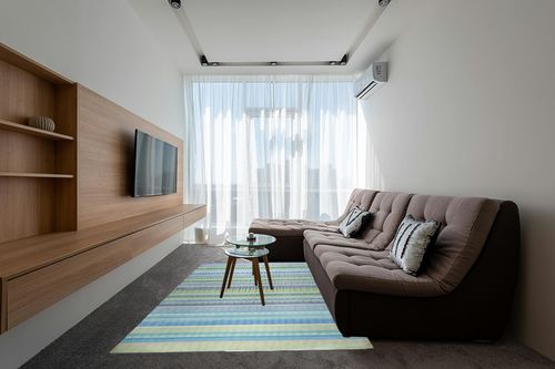 EORC FLX02GN6X9 Hand-Knotted Wool Knotted Striped Rug, 6' x 9', Green in Grey Living Room with Brown Couch
