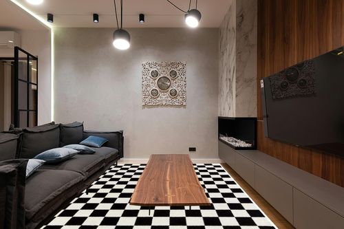 Luxe Weavers Modern Checkered Area Rug Black 8x10 Stain Resistant Carpet for Living Room in Dark Wood Living Room with Black Couch