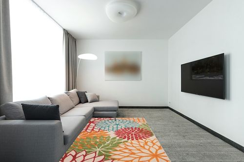 Nourison Aloha Indoor/Outdoor Green 5'3" x 7'5" Area-Rug, Tropical, Botanical, Easy-Cleaning, Non Shedding, Bed Room, Living Room, Dining Room, Deck, Backyard, Patio (5x7) in Modern Living Room with Grey Couch