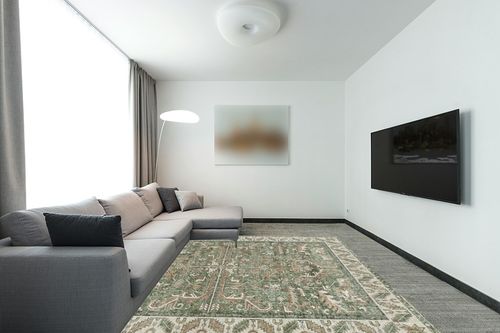 Valenrug Washable Rug 8x10 - Ultra-Thin Antique Collection Area Rug, Stain Resistant Rugs for Living Room Bedroom, Distressed Vintage Rug(Green, 8'x10') in Modern Living Room with Grey Couch