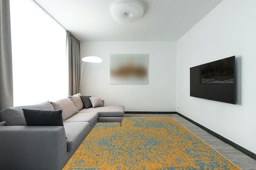 Unique Loom Jill Zarin Jill Zarin Outdoor Collection Area Rug - Dubai (9' x 12' Rectangle, Yellow and Aqua/Light Blue) in Modern Living Room with Grey Couch