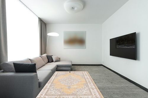 IKALIFE Ultra-Thin Washable Vintage Area Rug 5'x 7' for Living Room, Low-Pile Area Rugs Non-Shed Non Slip, Unique Chenille Printed Home Decor, Perfect for Bedroom Dining Room Kitchen, Yellow in Modern Living Room with Grey Couch