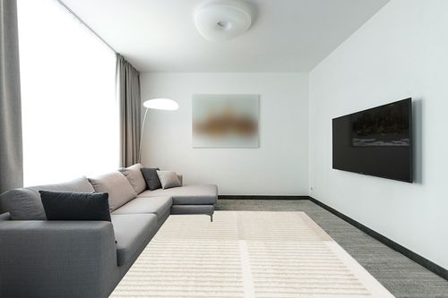 Abani Nuevo Collection Area Rug - Modern Arch Beige/Cream Pattern -7'9" x 10'2" - Easy to Clean - Non-Shedding - Medium Pile - Soft Feel - for Living Room, Bedroom & Office in Modern Living Room with Grey Couch