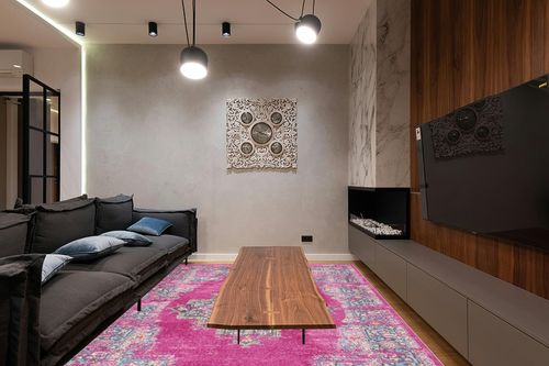 Nourison Passion Fuchsia 8' x 10' Area -Rug, Boho, Traditional, Easy -Cleaning, Non Shedding, Bed Room, Living Room, Hallway (8x10) in Dark Wood Living Room with Black Couch