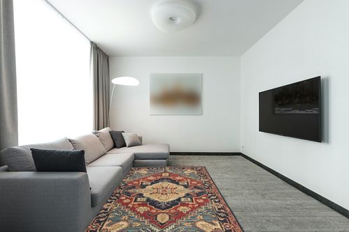 SAFAVIEH Heritage Collection Area Rug - 5' x 8', Red & Navy, Handmade Traditional Oriental Wool, Ideal for High Traffic Areas in Living Room, Bedroom (HG920Q) in Modern Living Room with Grey Couch