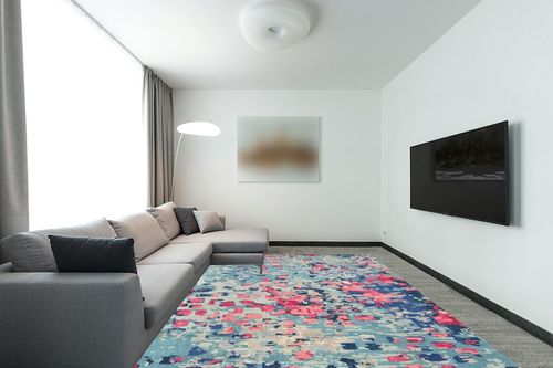 Unique Loom Jardin Collection Colorful, Vibrant, Abstract, Modern Area Rug, 9 x 12 ft, Blue/Pink in Modern Living Room with Grey Couch