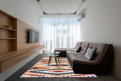 JONATHAN Y SWC101A-8 Konya Diamond Kilim Geometric Indoor Area Rug, Southwestern, Geometric, Bohemian, Bedroom, Kitchen, Living Room, Easy-Cleaning, Non-Shedding, 8 X 10, Yellow/Red/Blue in Grey Living Room with Brown Couch