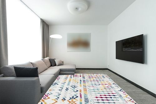 Antep Rugs Bohemian 8x10 Geometric Indoor Area Rug Phoenix, 7'10" x 10', Multi in Modern Living Room with Grey Couch