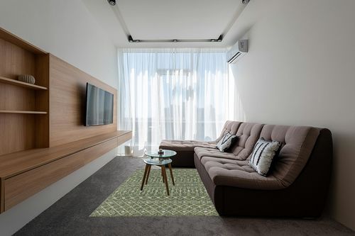 Unique Loom Outdoor Trellis Collection Area Rug - Tribal Trellis (5' 1" x 8' Rectangle, Green/ Natural) in Grey Living Room with Brown Couch